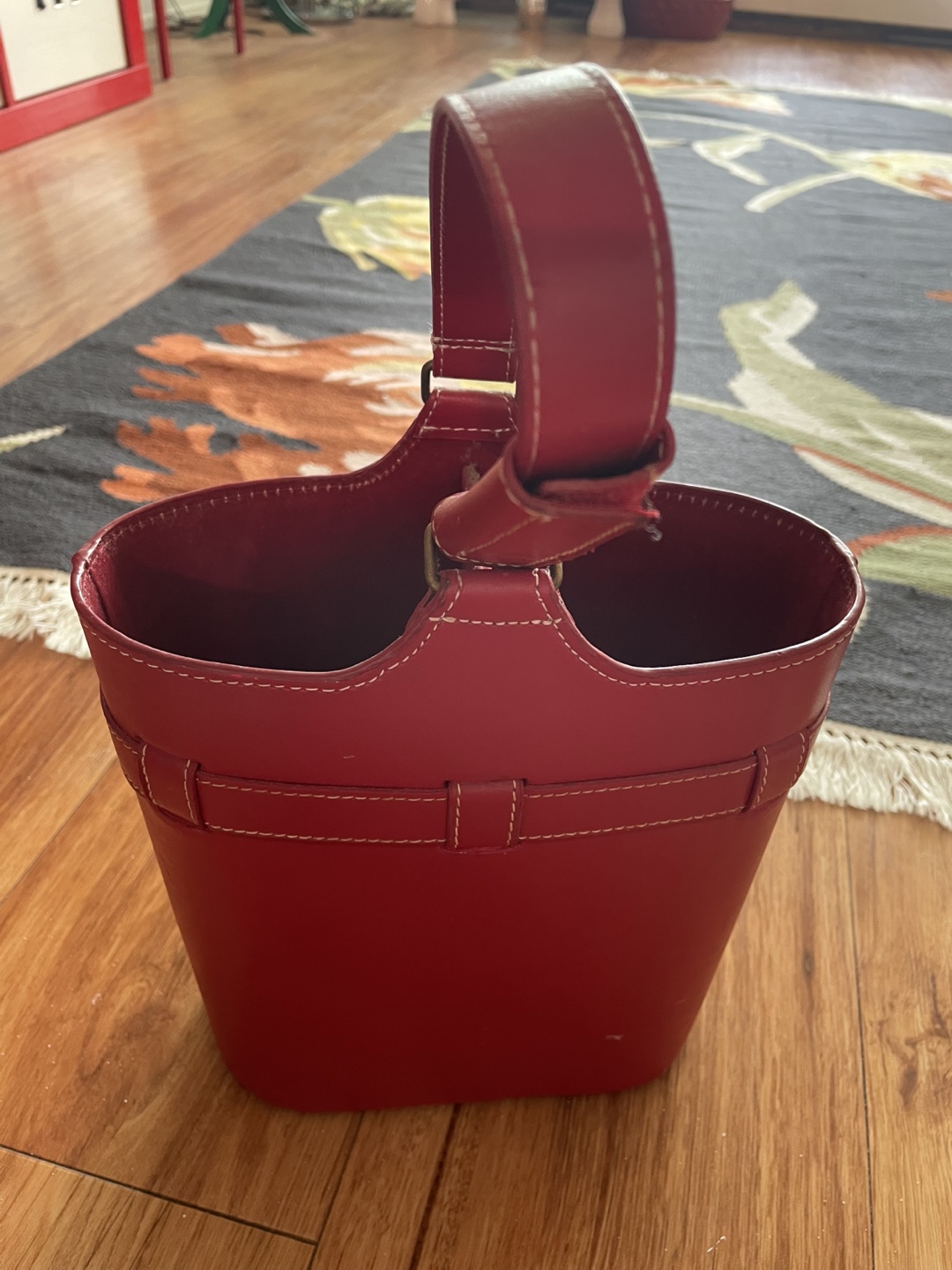 Red Leather Wine Bin with Handle
