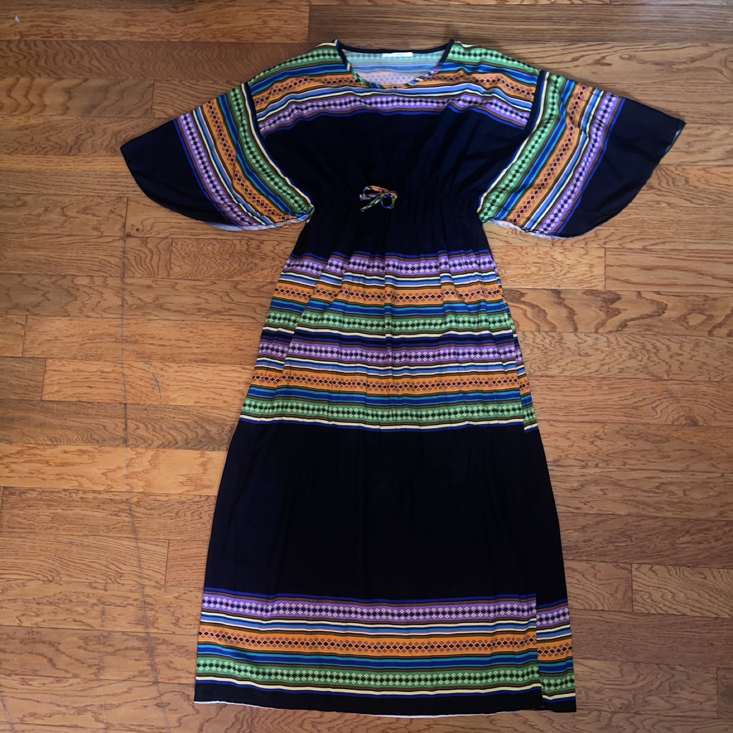 Black Multicolor Loose Maxi African Dress With Scarf