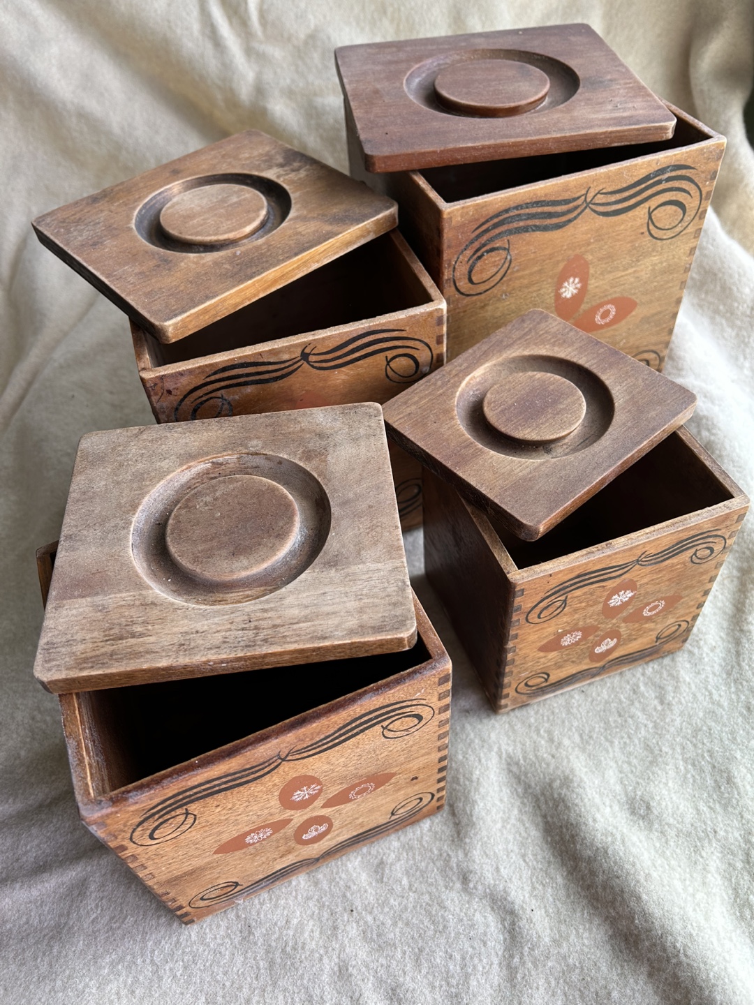 Vintage Wooden Boxes with Decorative Design
