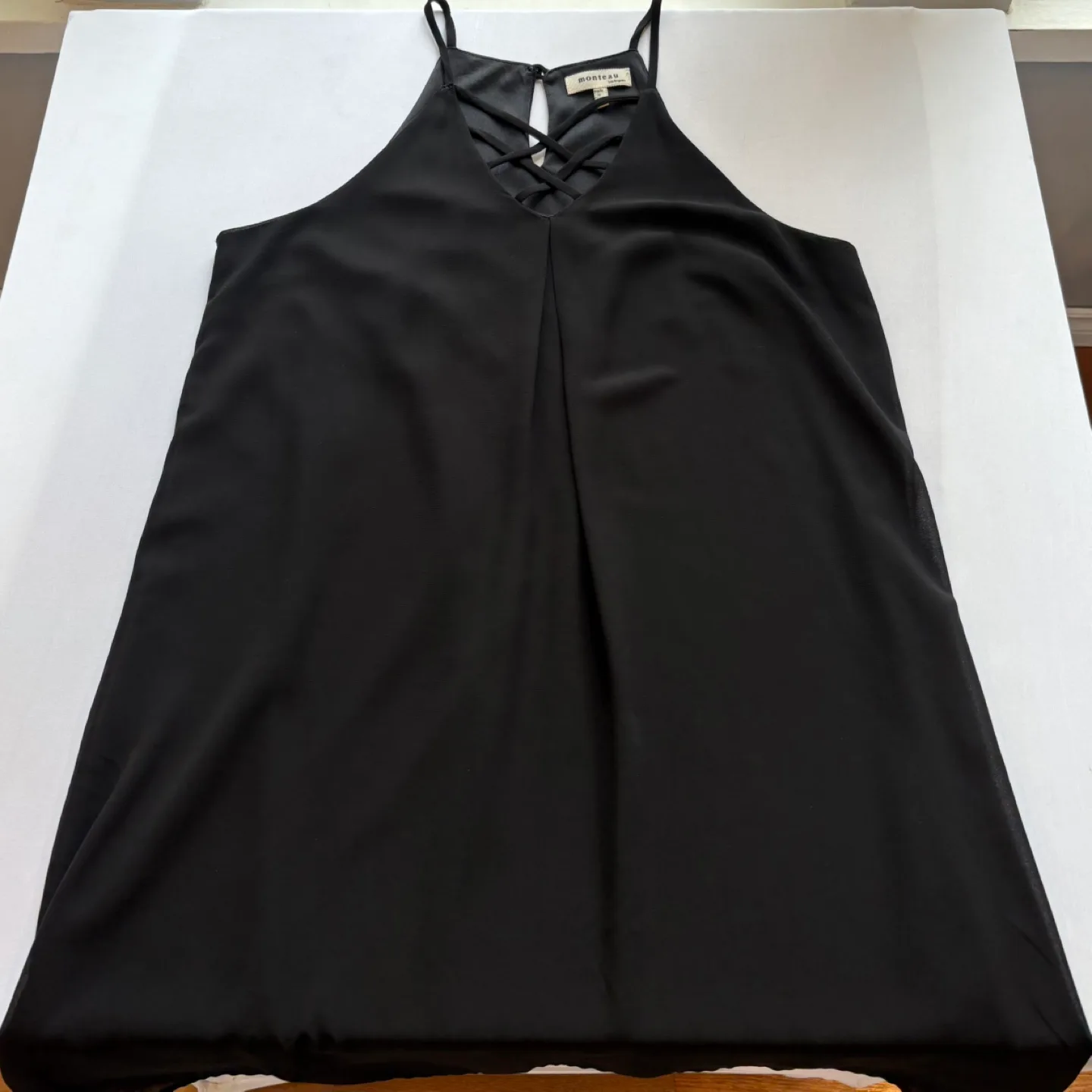 Monteau Black Sheath Dress with Crisscross Neckline Womens Sz M thumbnail