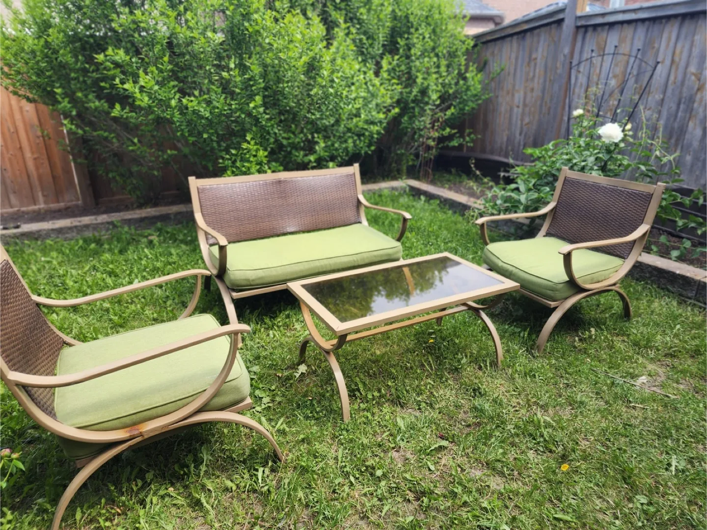 Oversized rattan and metal conversation patio set $350 FIRM image indicator(2)