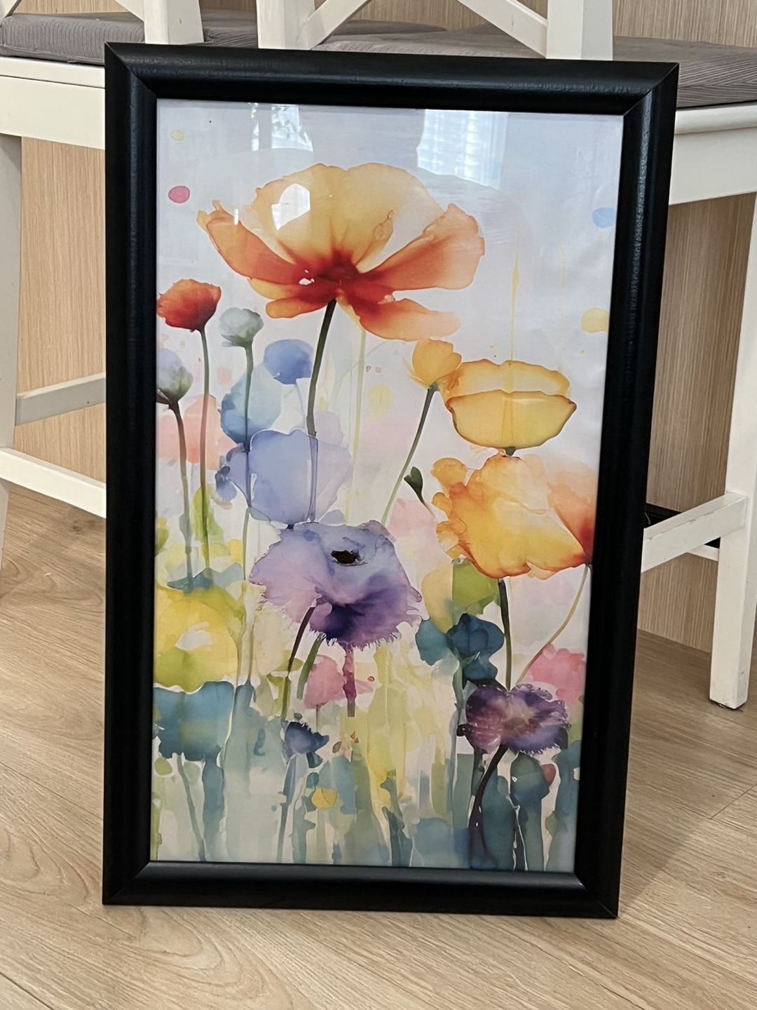 Flower colourful artwork, wood frame, glass cover