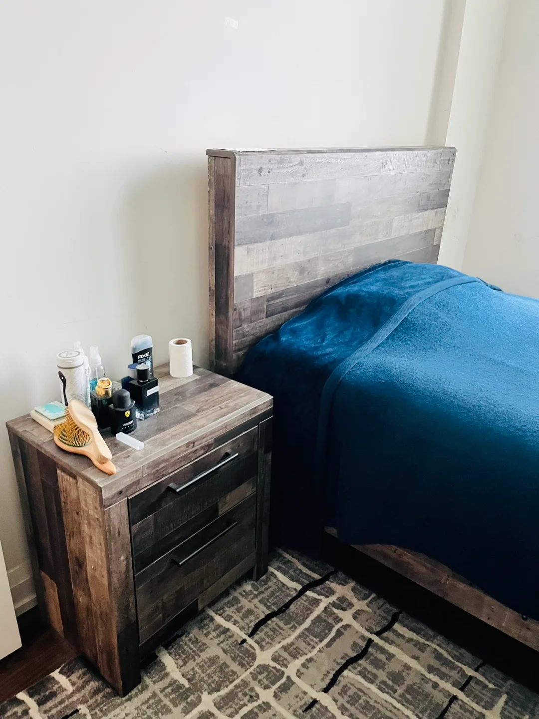 A Twin bed, Rustic Nightstand with Drawers image indicator(7)