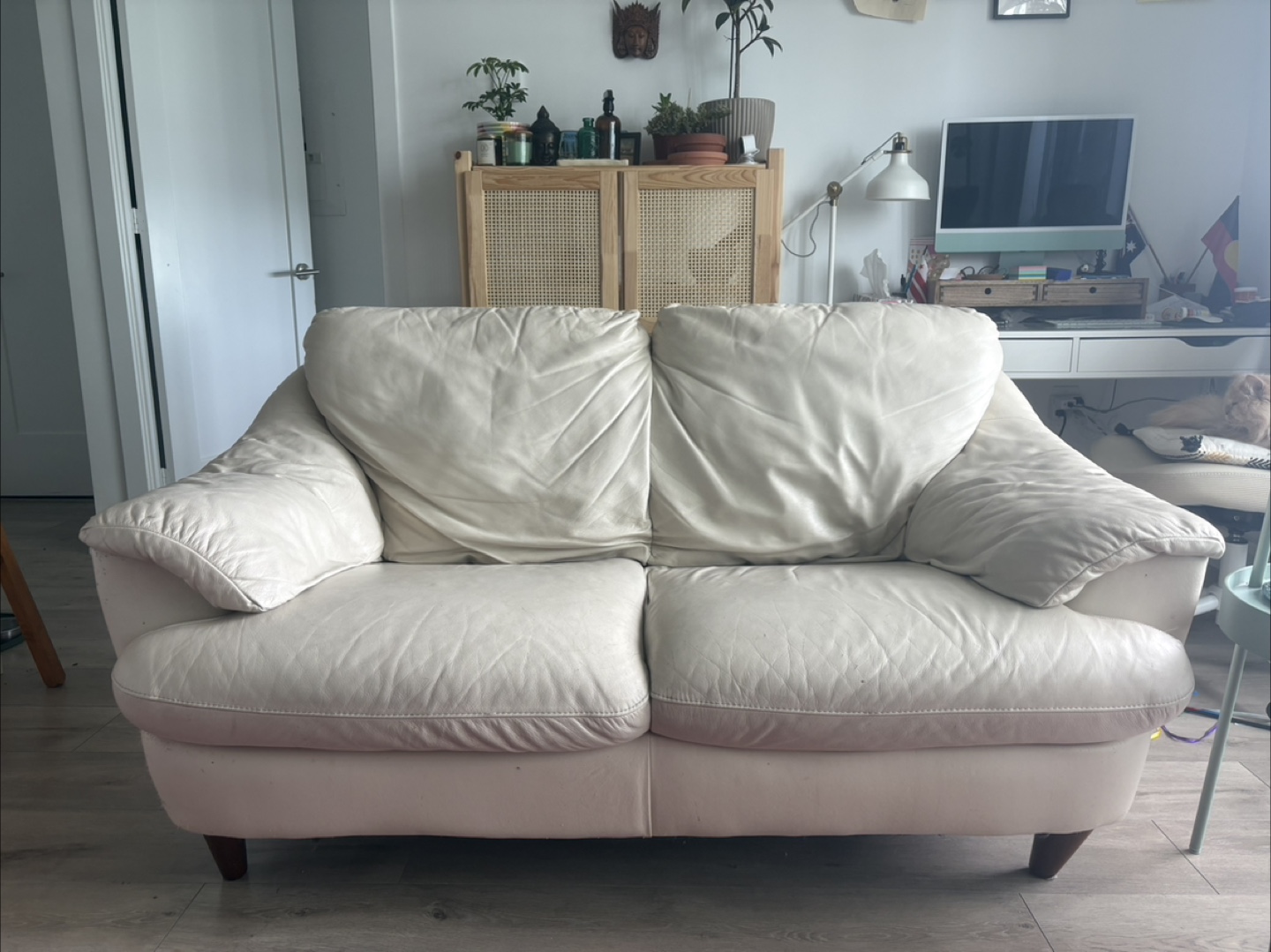 Off-White Faux Leather Loveseat