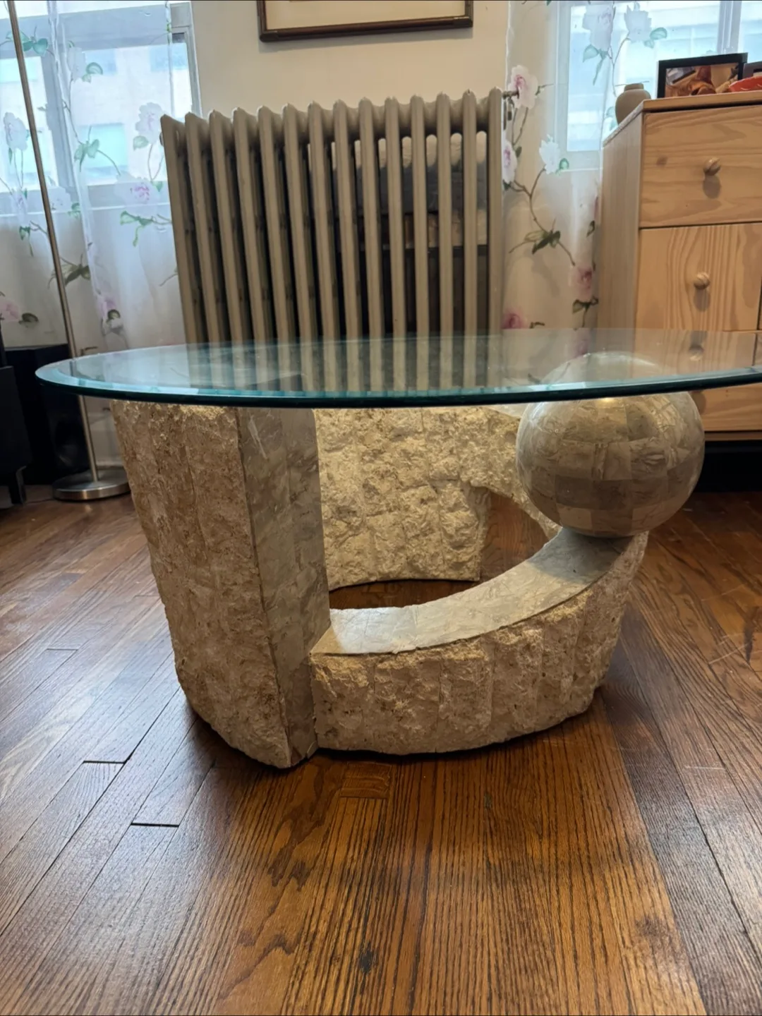 Geometric design coffee table with stone fossil base thumbnail