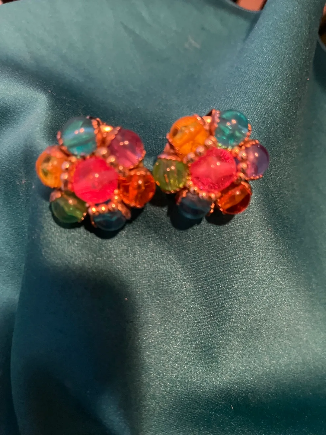 Vintage Colorful Bead Flower clip on Earrings thumbnail