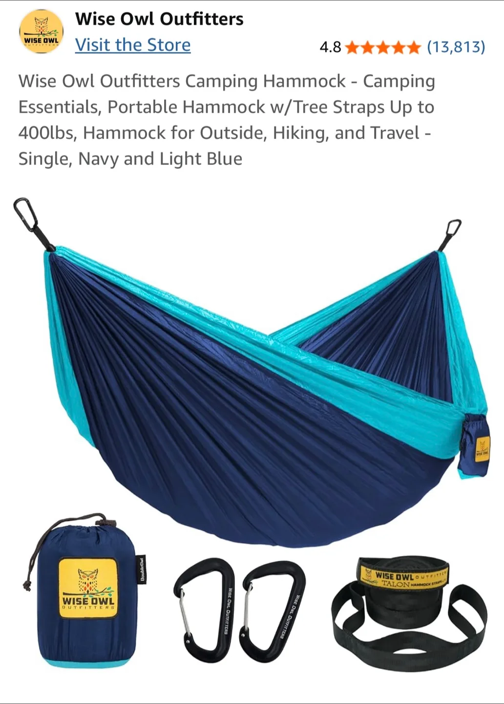 Wise Owl Outfitters Camping Hammock, Portable. Blue. New! thumbnail
