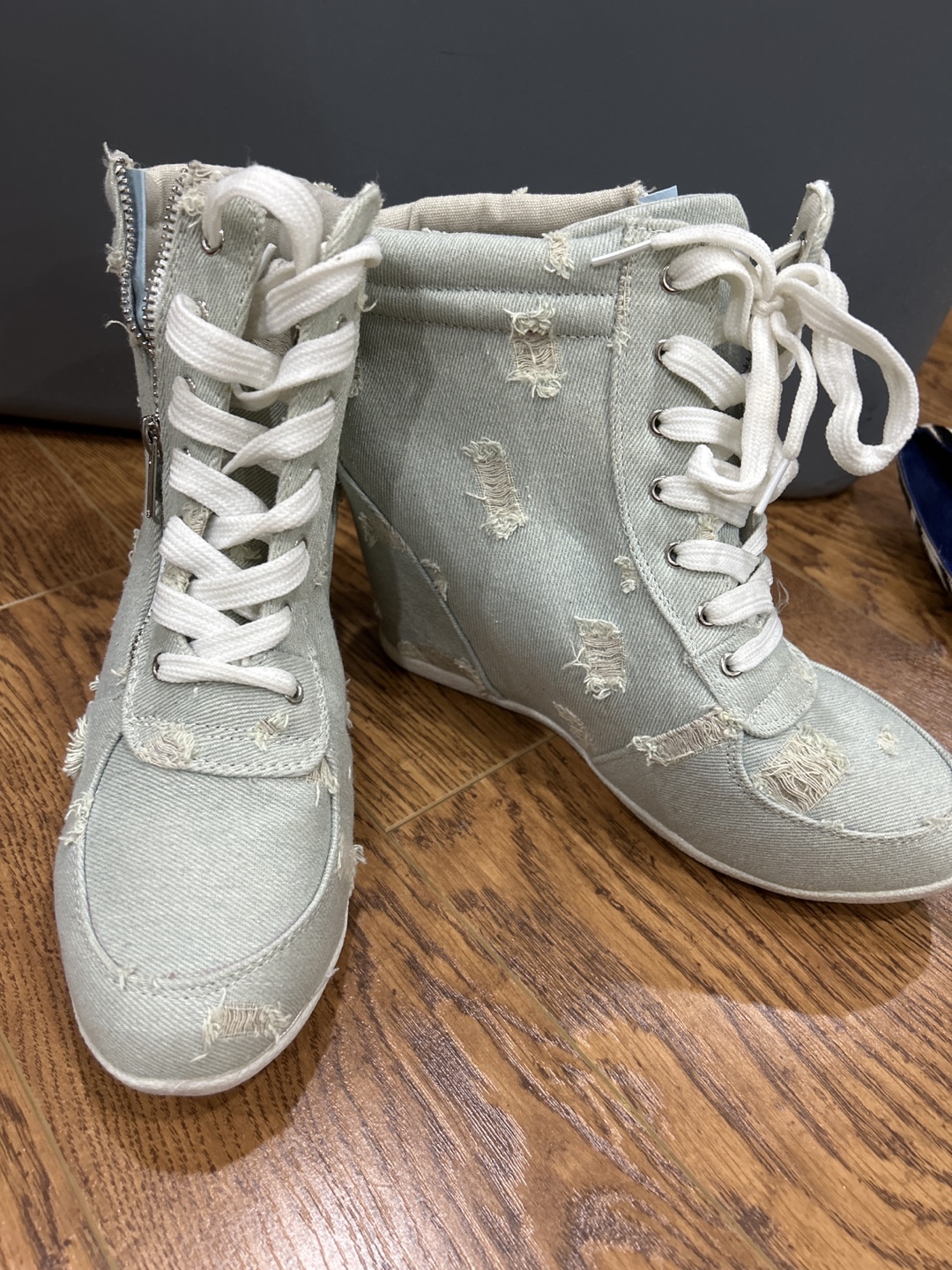 Distressed Denim Wedge Sneakers