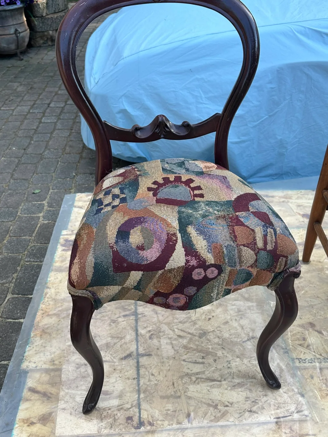 Antique Wooden Chair with Patterned Seat thumbnail