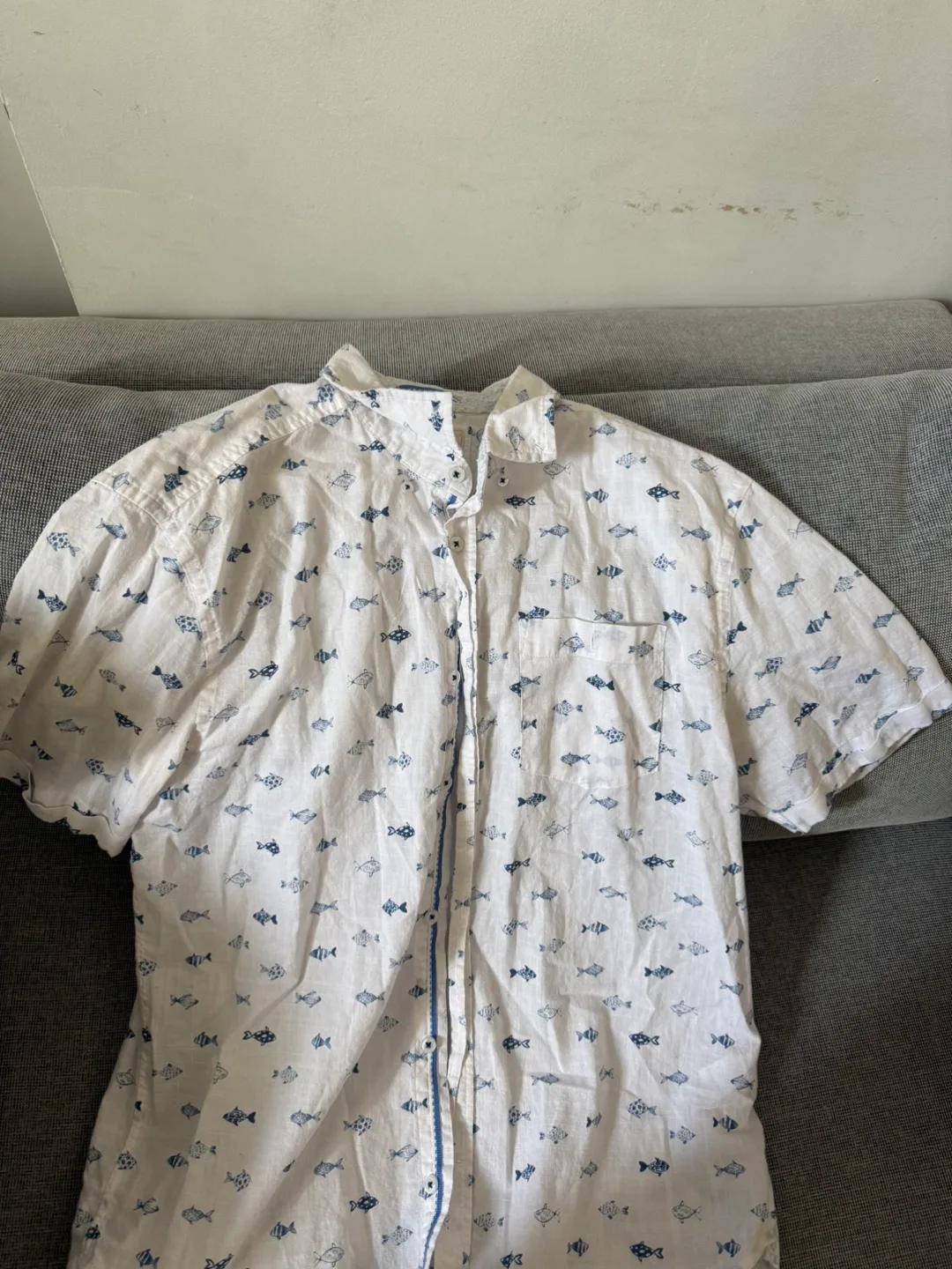 Men’s Button down cotton Fish Print Shirt - Large thumbnail