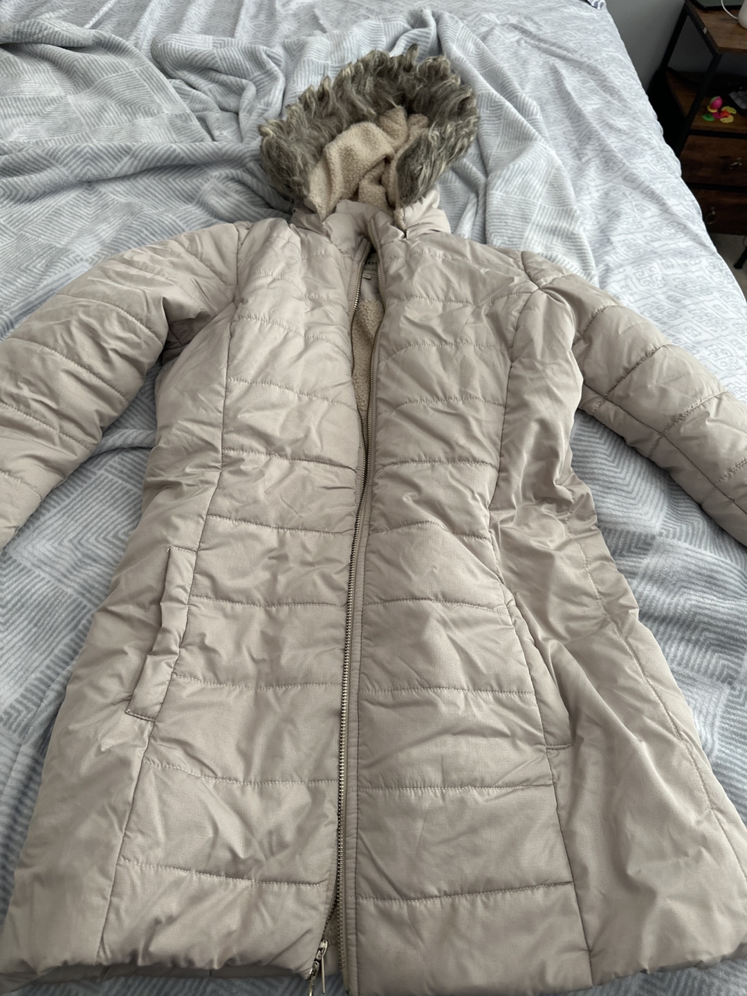 Beige Puffer Jacket with Hood