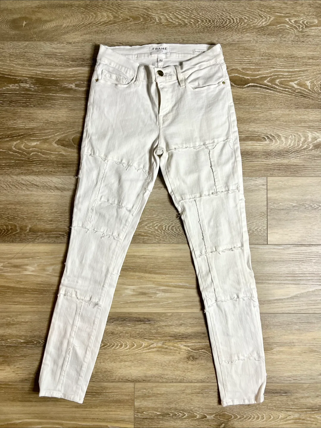 Frame Distressed Patch Threaded White Skinny Jean Women Size 28 thumbnail
