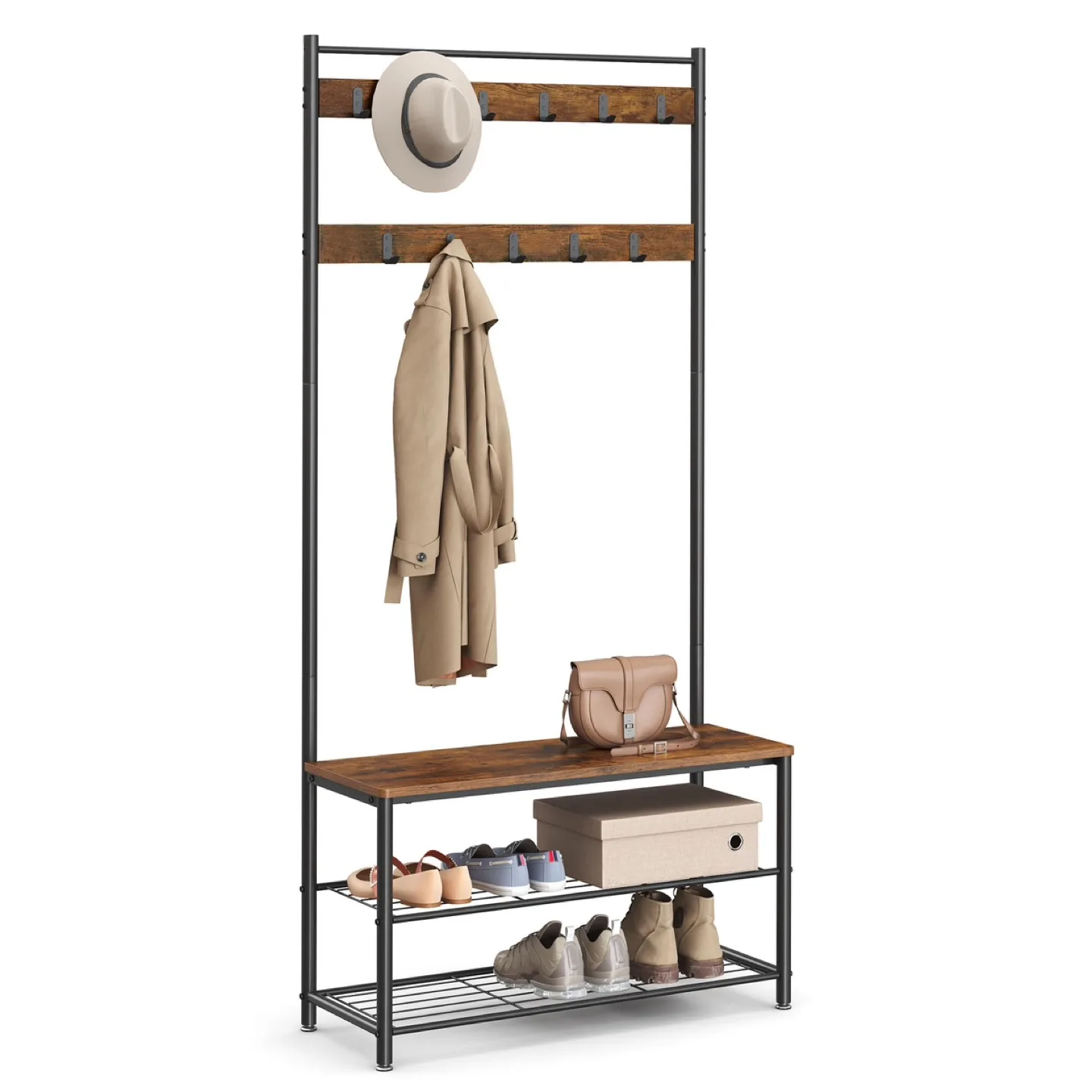VASAGLE Entryway Coat Rack with Shoe Bench BLACK colour thumbnail