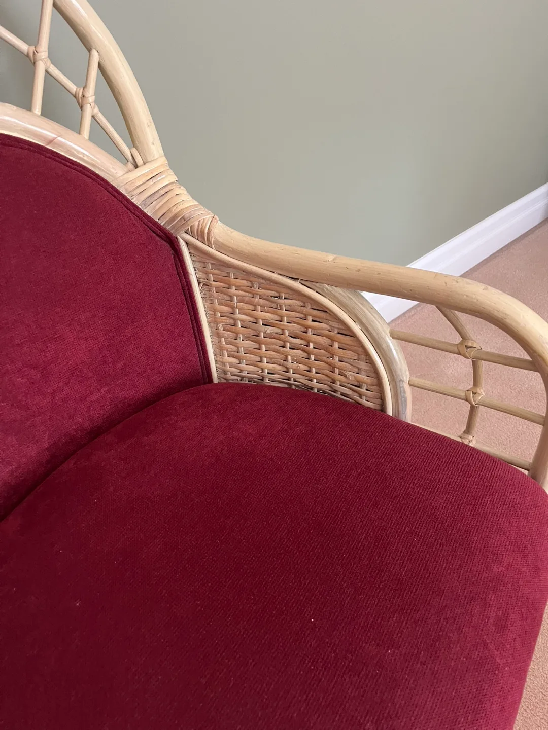Upholstered Rattan Chair with Burgundy Fabric image indicator(4)