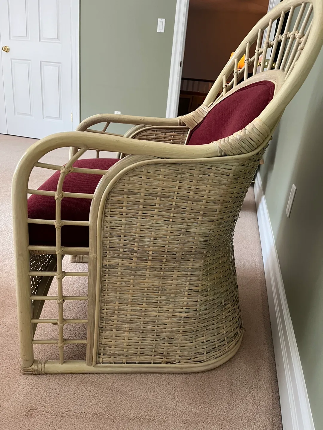 Upholstered Rattan Chair with Burgundy Fabric image indicator(2)