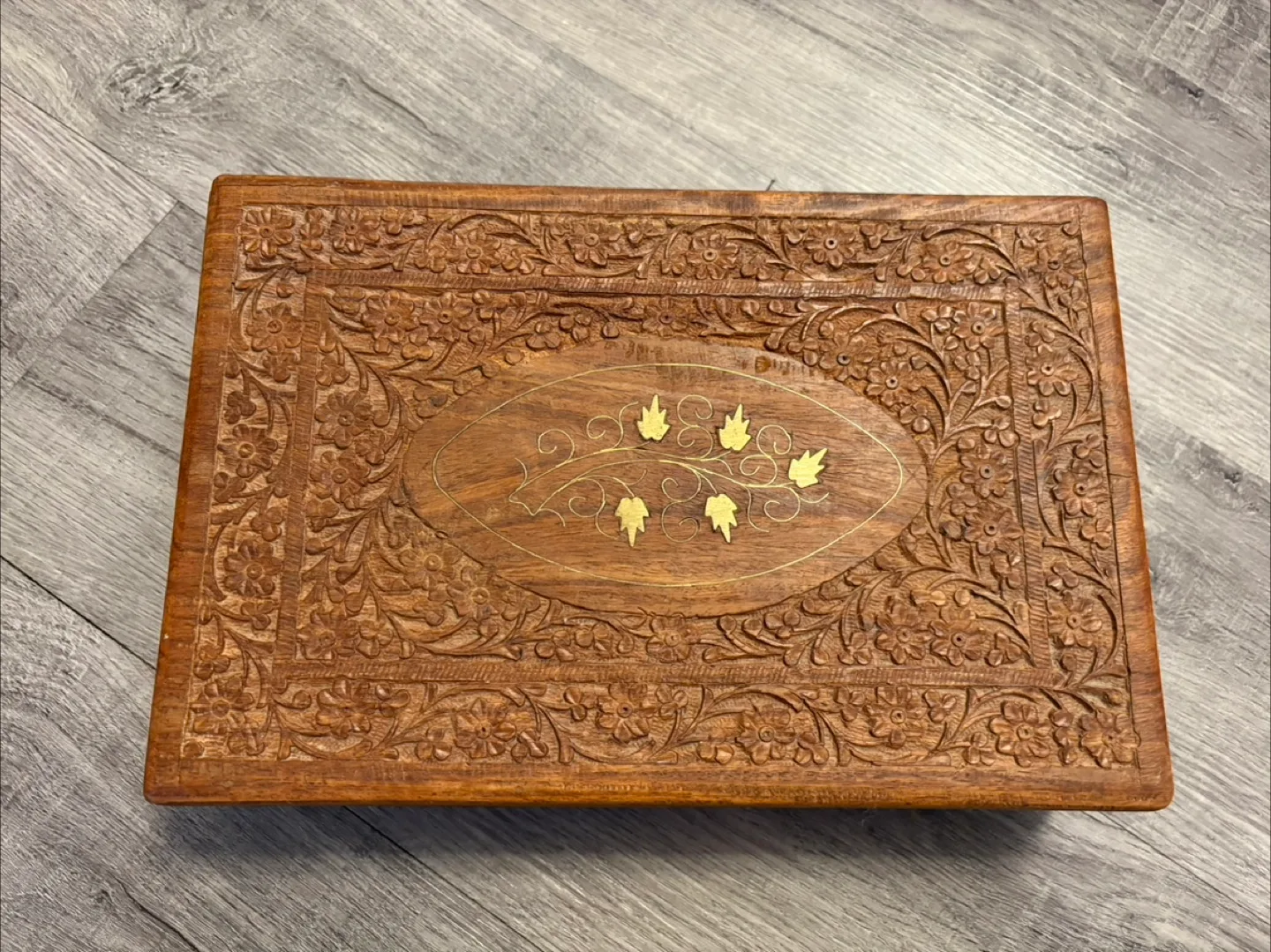 Vintage Hand Carved Rosewood Jewelry Box with Etched Florals thumbnail