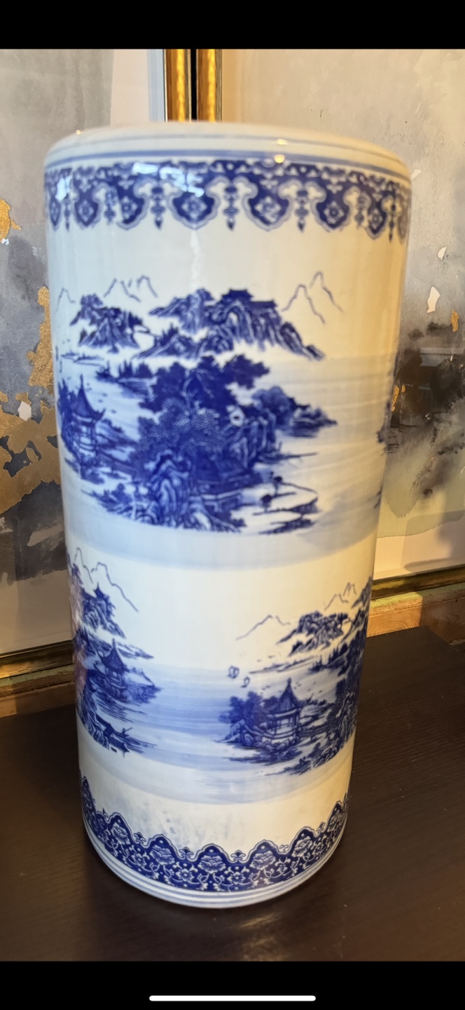 Vintage Blue and White Cylinder Vase