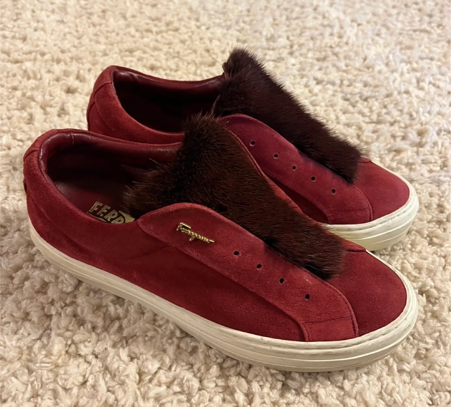 Salvatore Ferragamo Red Suede Sneakers with Fur Detail image indicator(4)