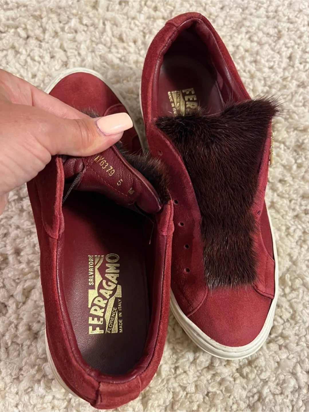 Salvatore Ferragamo Red Suede Sneakers with Fur Detail image indicator(2)