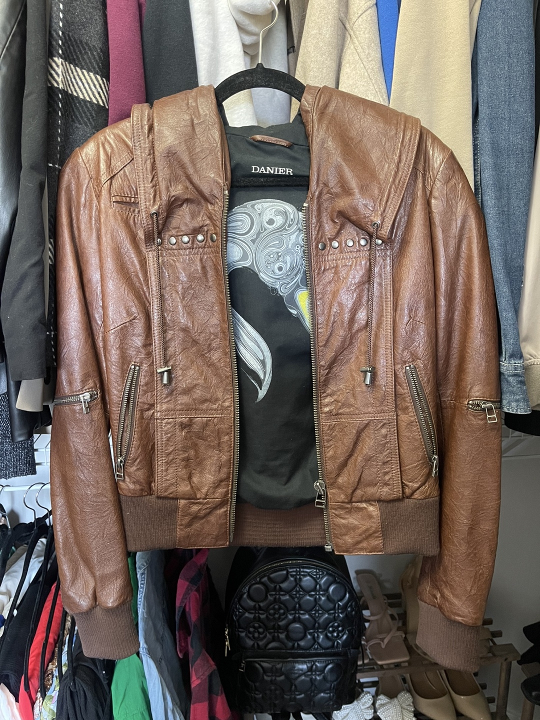 Danier Vintage Brown Leather Jacket with Hood