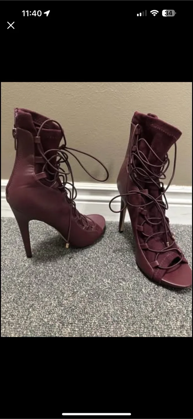 Burgundy Lace Up Heels thumbnail
