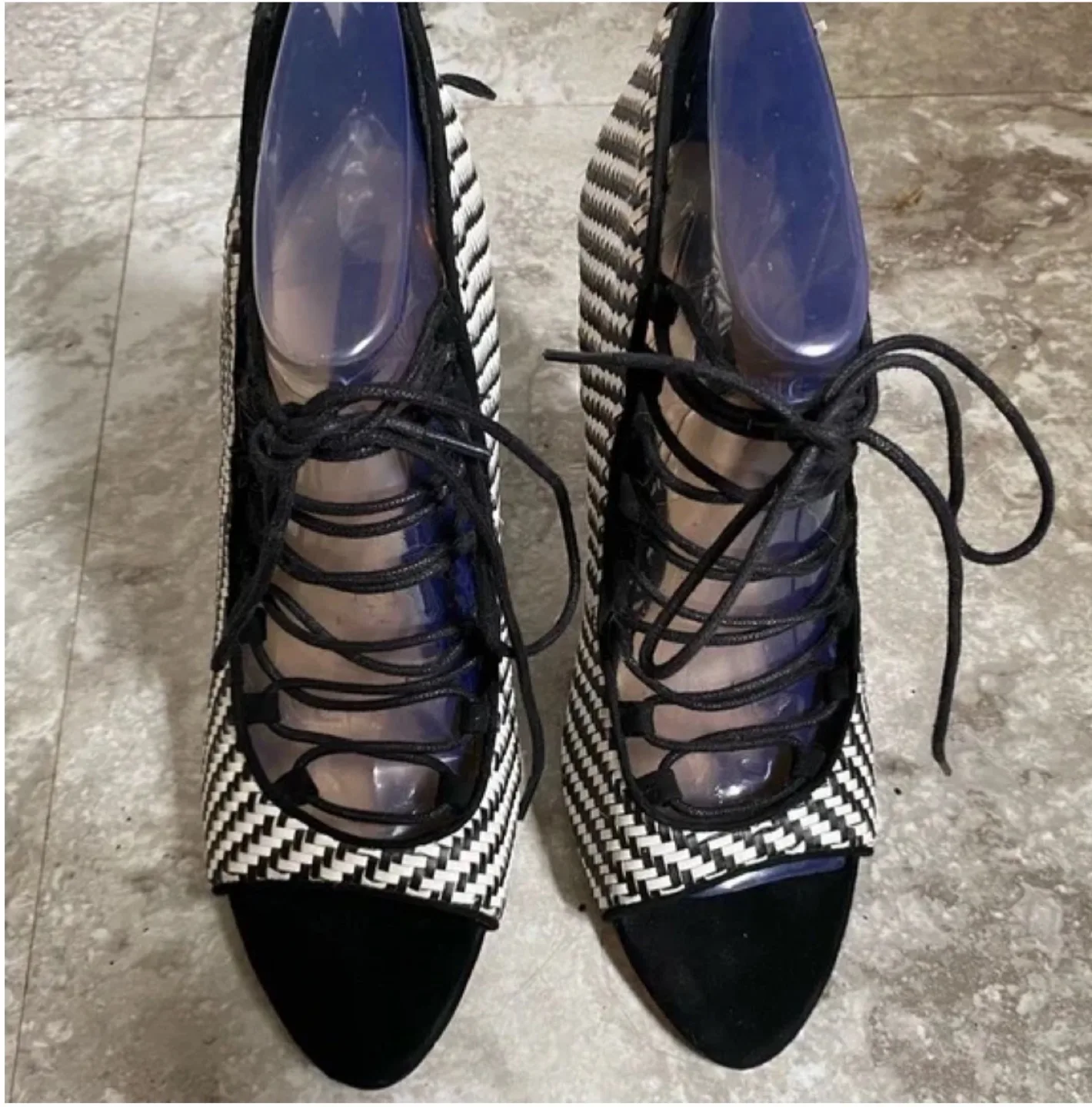 Black & White Woven Lace Up Heels thumbnail
