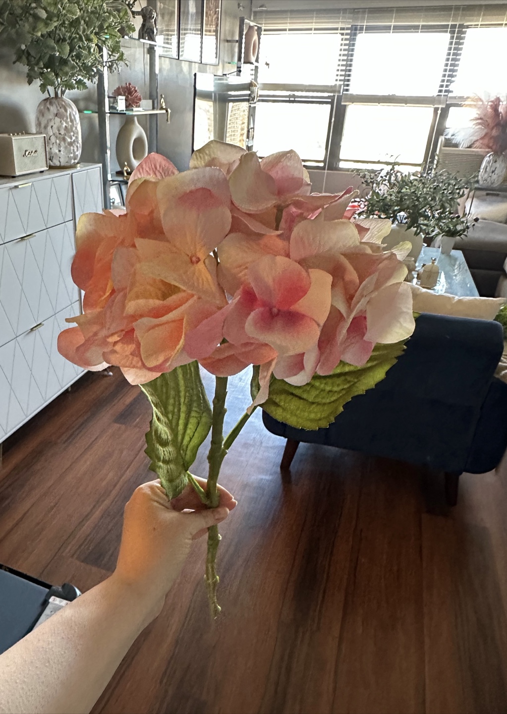 3 Large Long Stem Pink Faux Hydrangeas