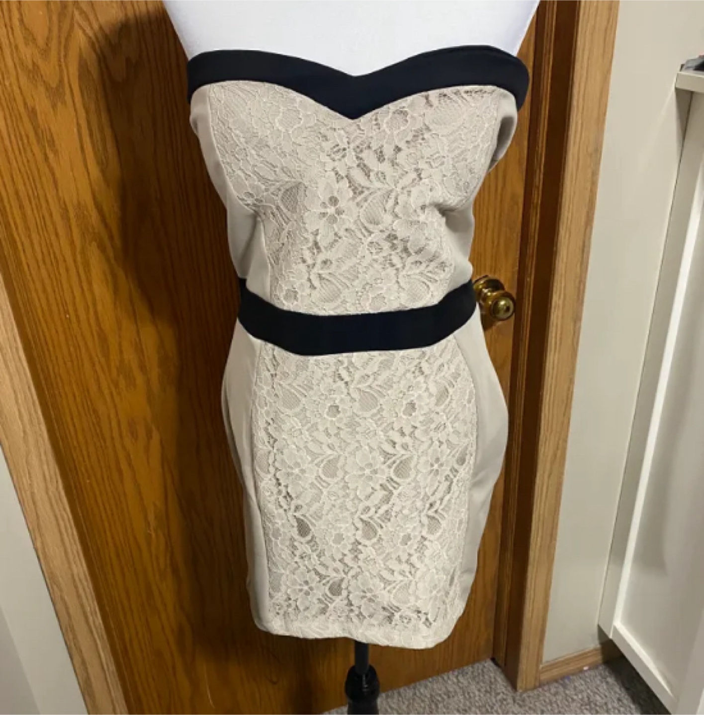 beige with white lace sweetheart-neckline