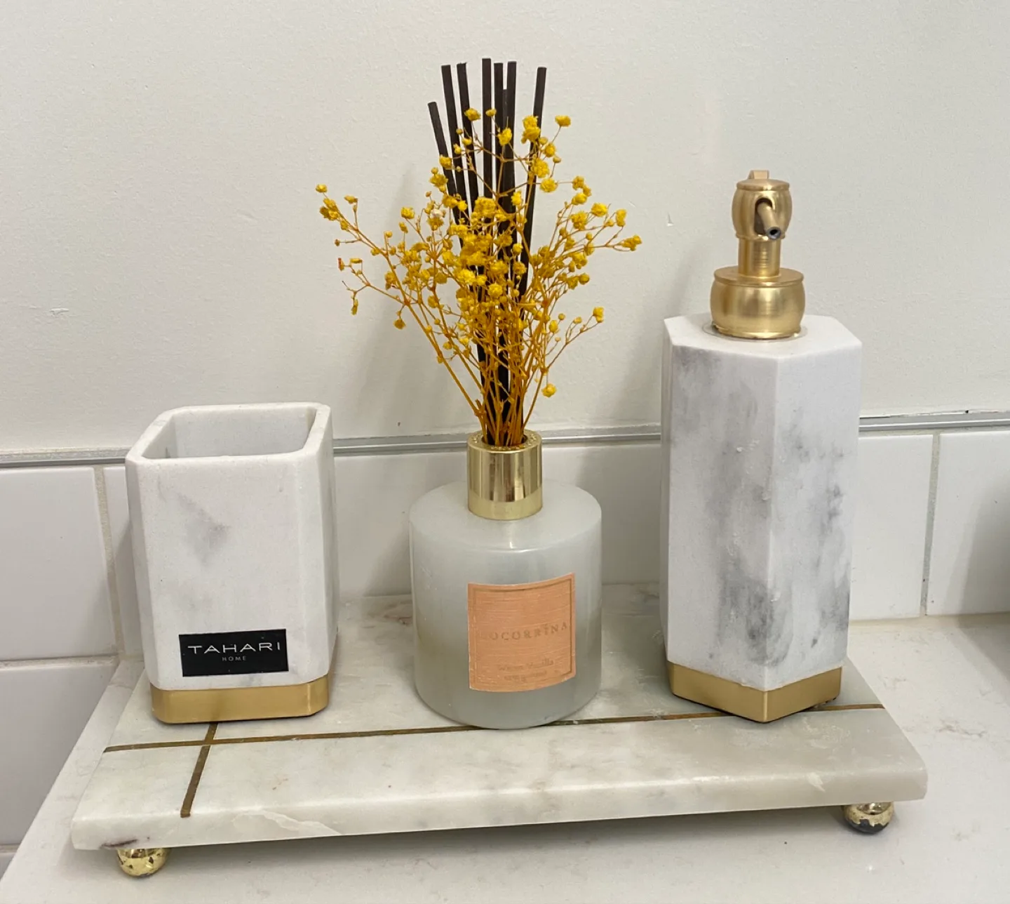 Marble and Gold Bathroom Accessory Set thumbnail