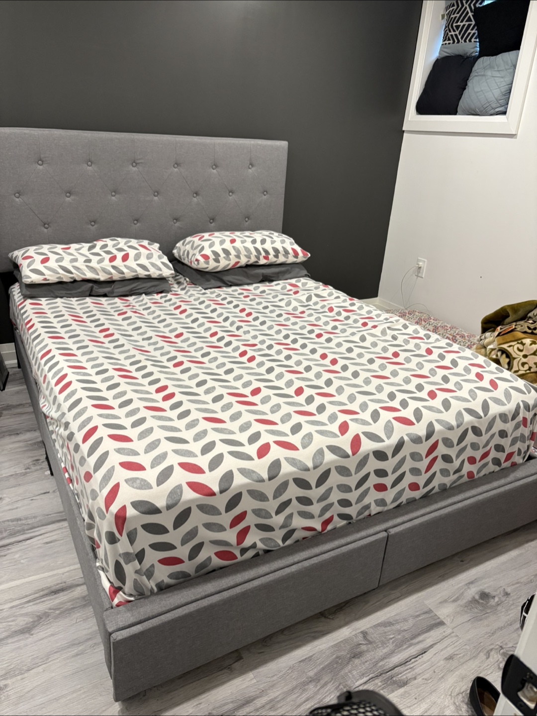 Grey Upholstered Queen Bed Frame with Headboard