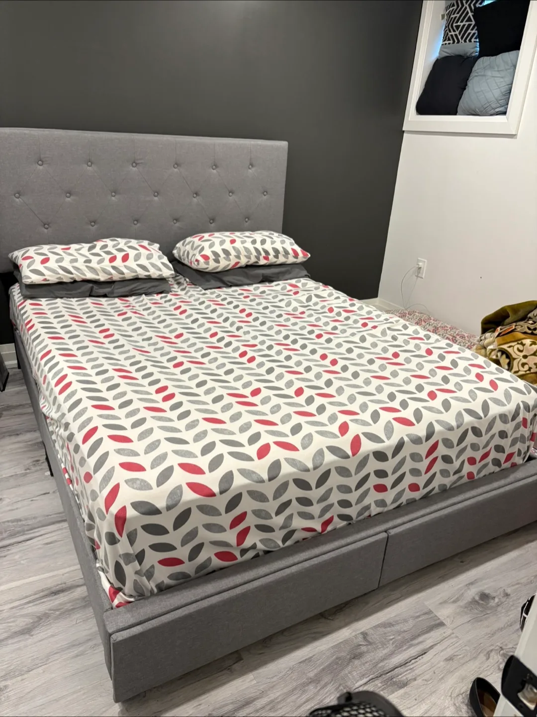 Grey Upholstered Queen Bed Frame with Headboard thumbnail