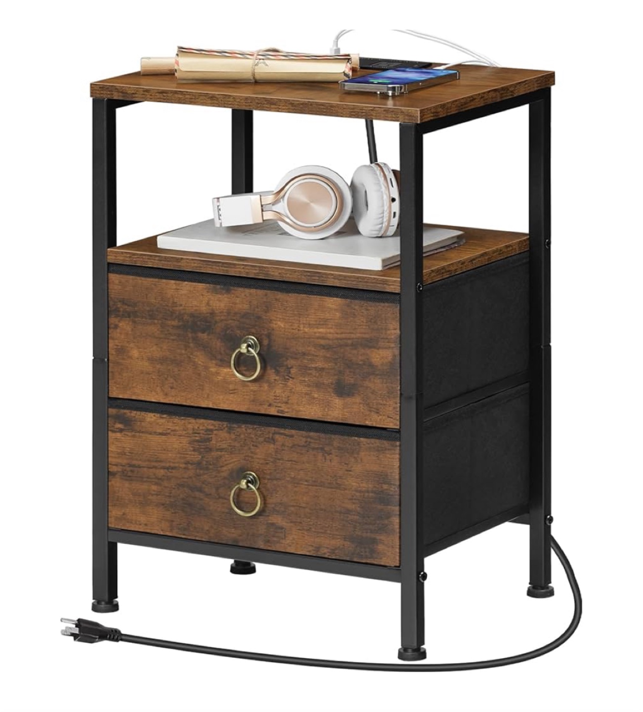 💚 Nightstand with Fabric Drawers and USB Plugs
