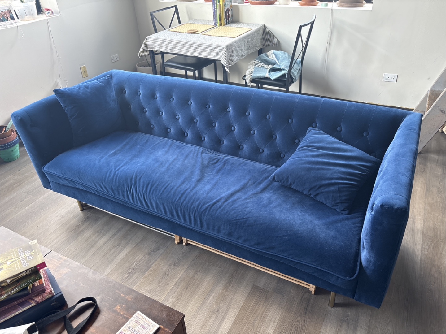 Blue Velvet Couch with Pillows