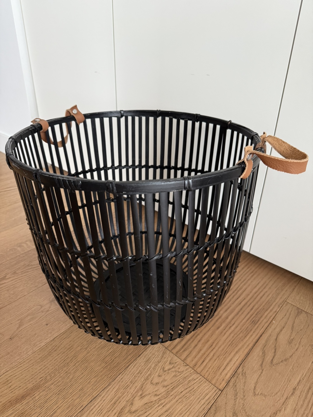 Black Woven Basket with Leather Handles