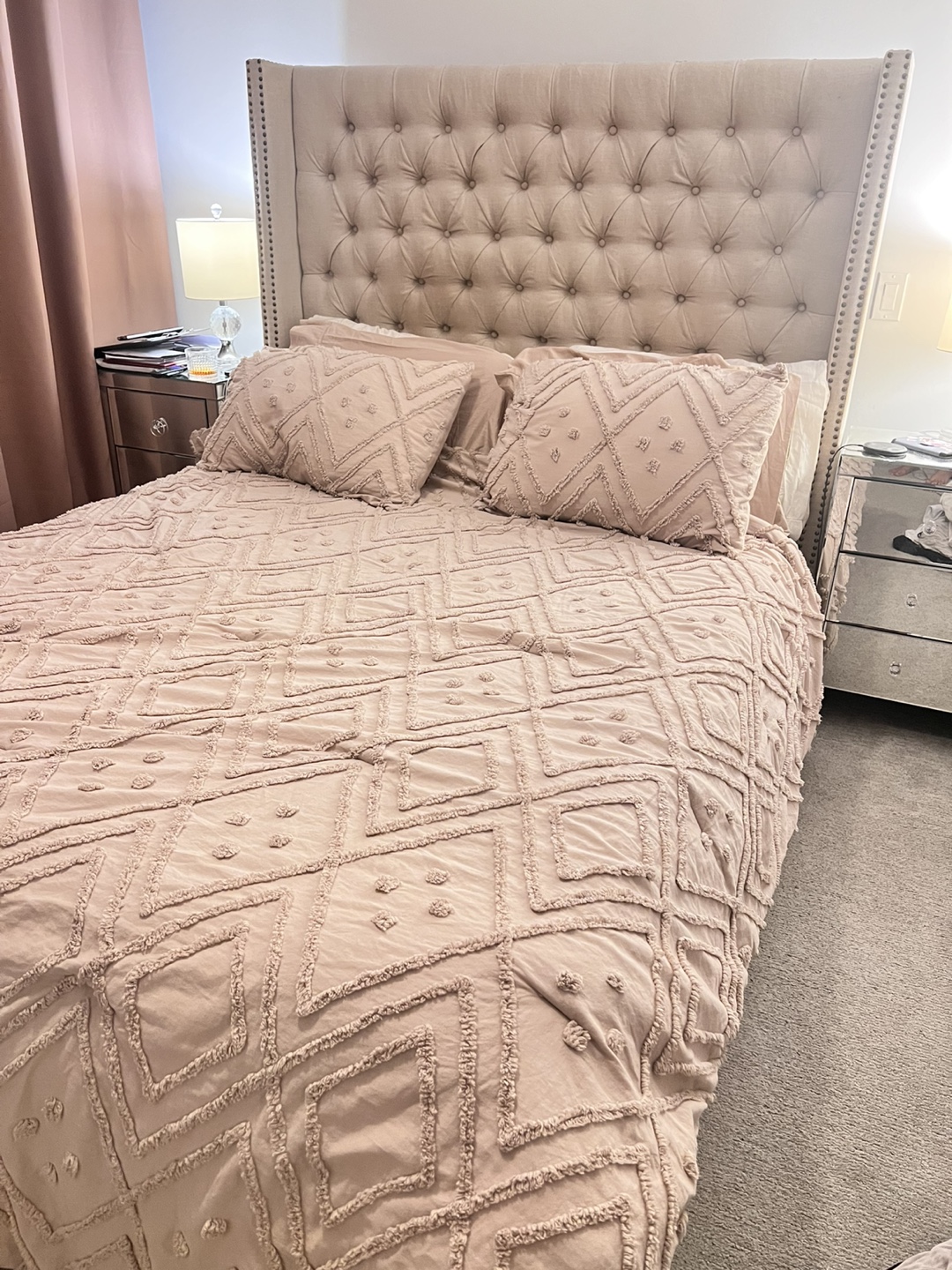 Queen Bed with Tufted Headboard and Bedding Set
