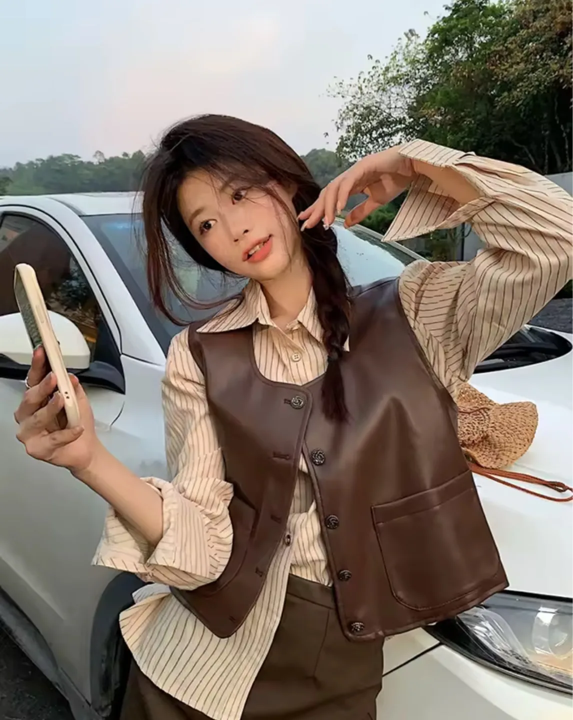 A brown vest and brown striped shirt set thumbnail