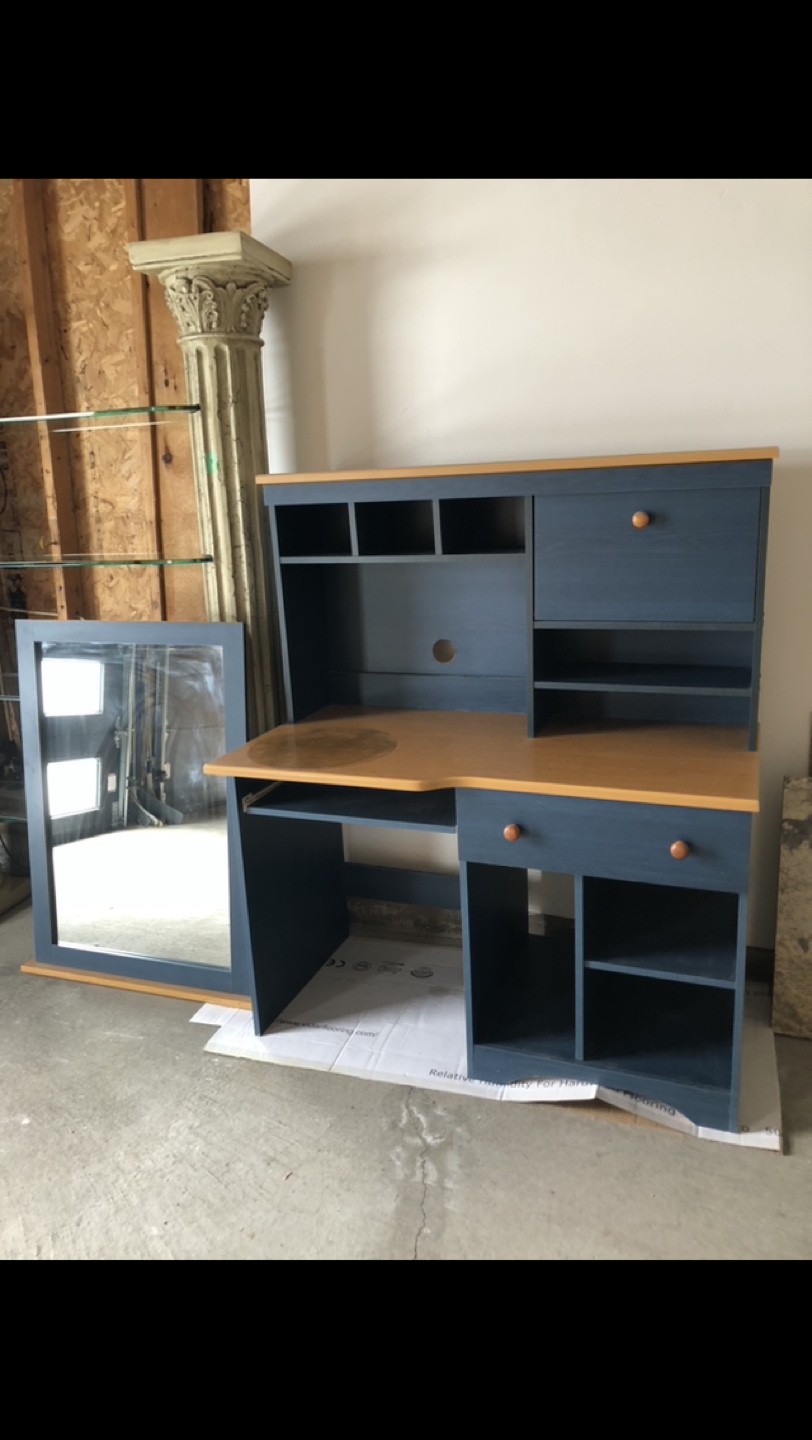 Blue and Wood Desk with Hutch and Mirror