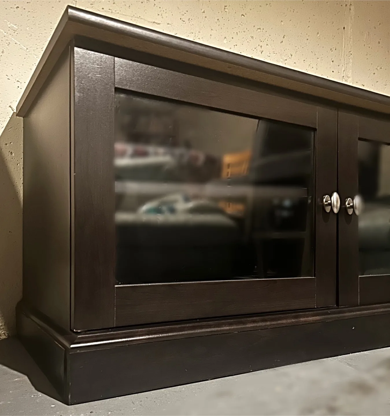 Dark Brown TV Stand with Glass Doors thumbnail