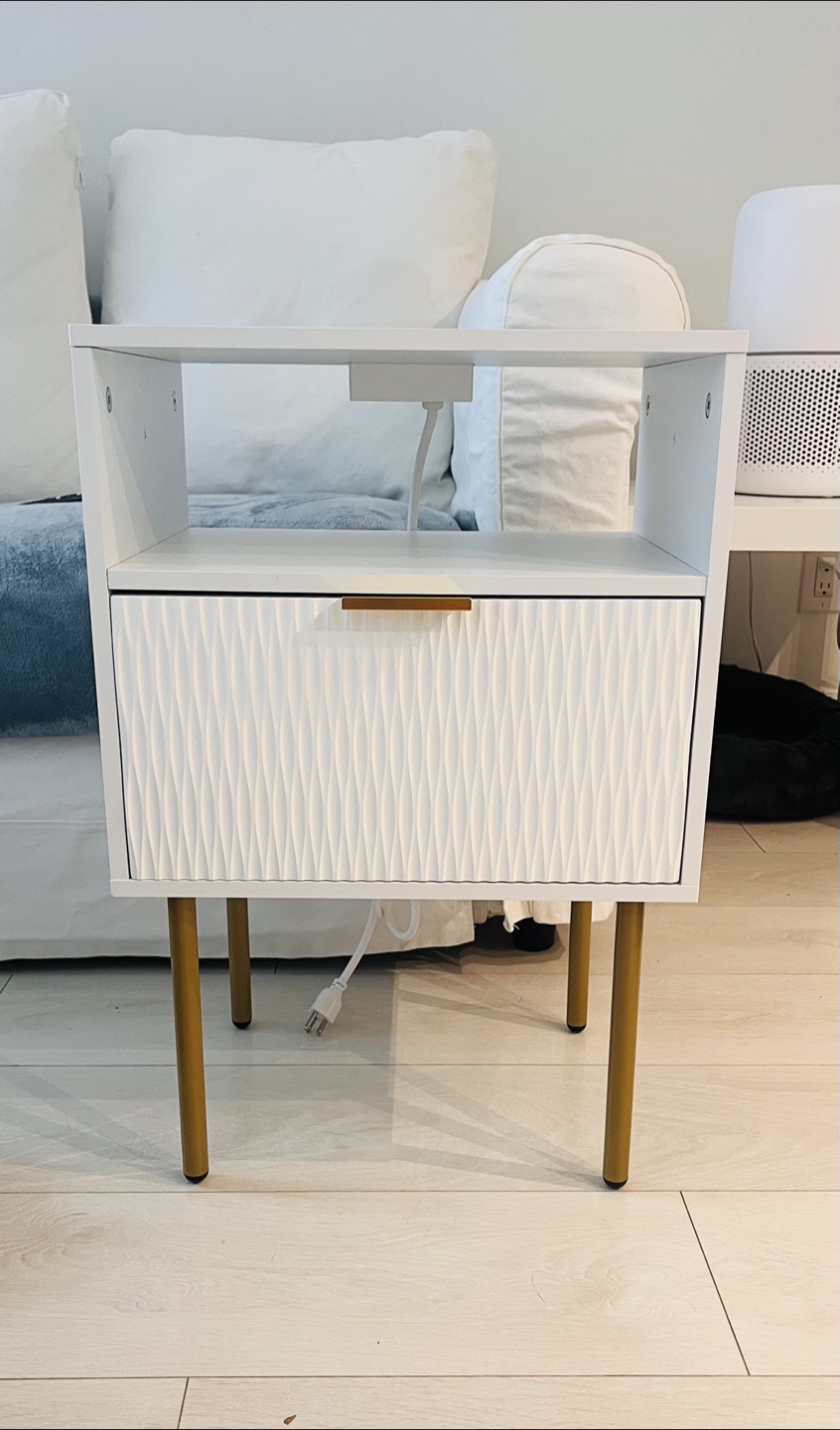 White Bedside Table with Gold Legs and Drawer
