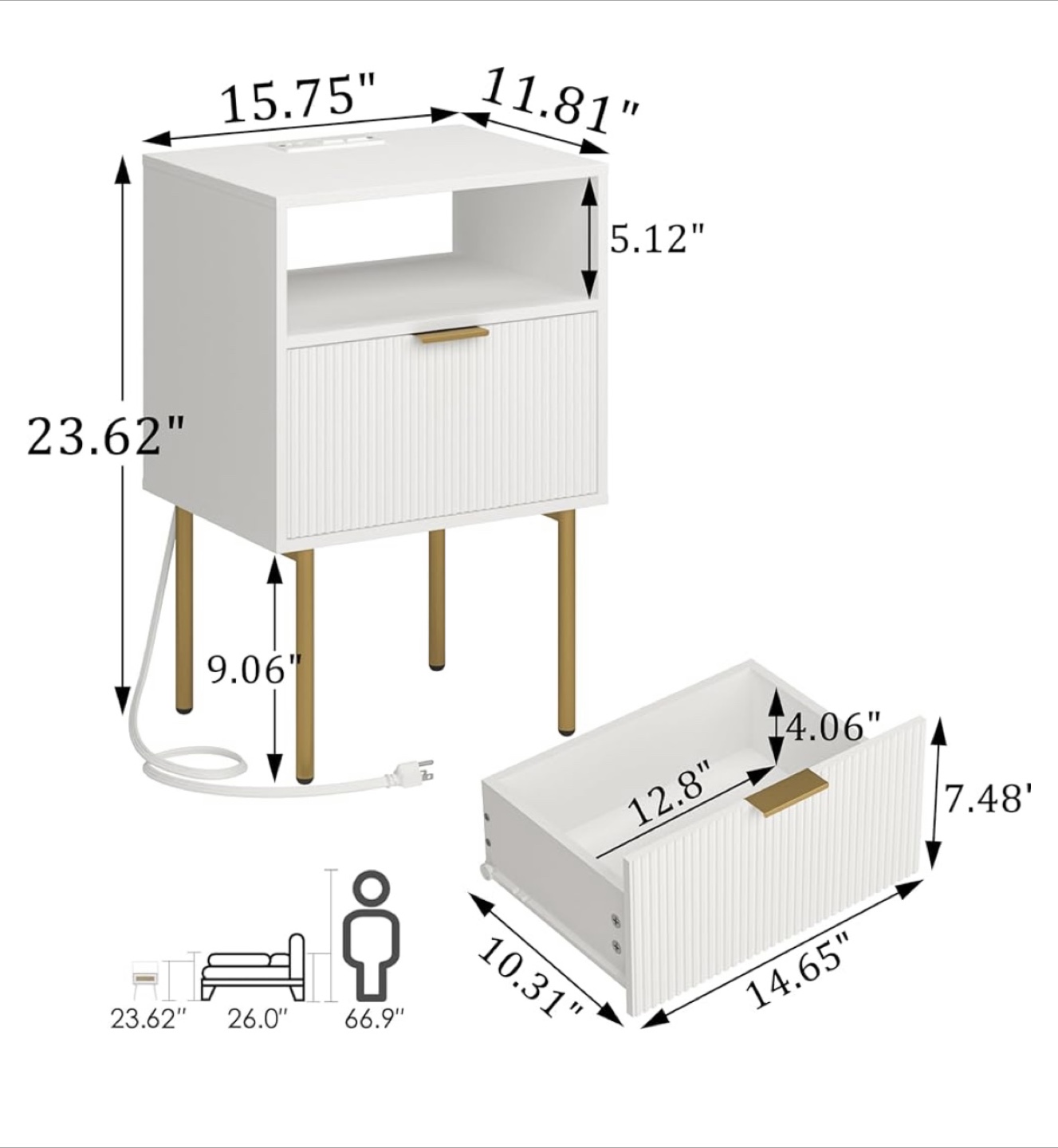 White Bedside Table with Gold Legs and Drawer - photo 3