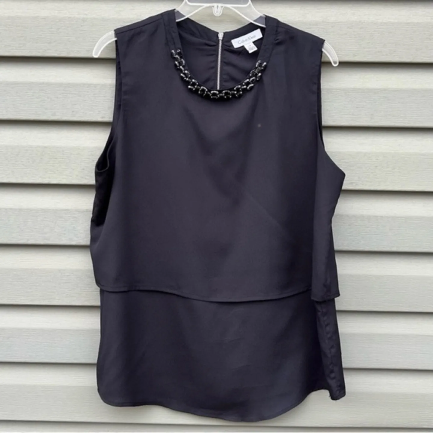 Calvin Klein High Neck Sleeveless Blouse Beaded Collar Sz L thumbnail