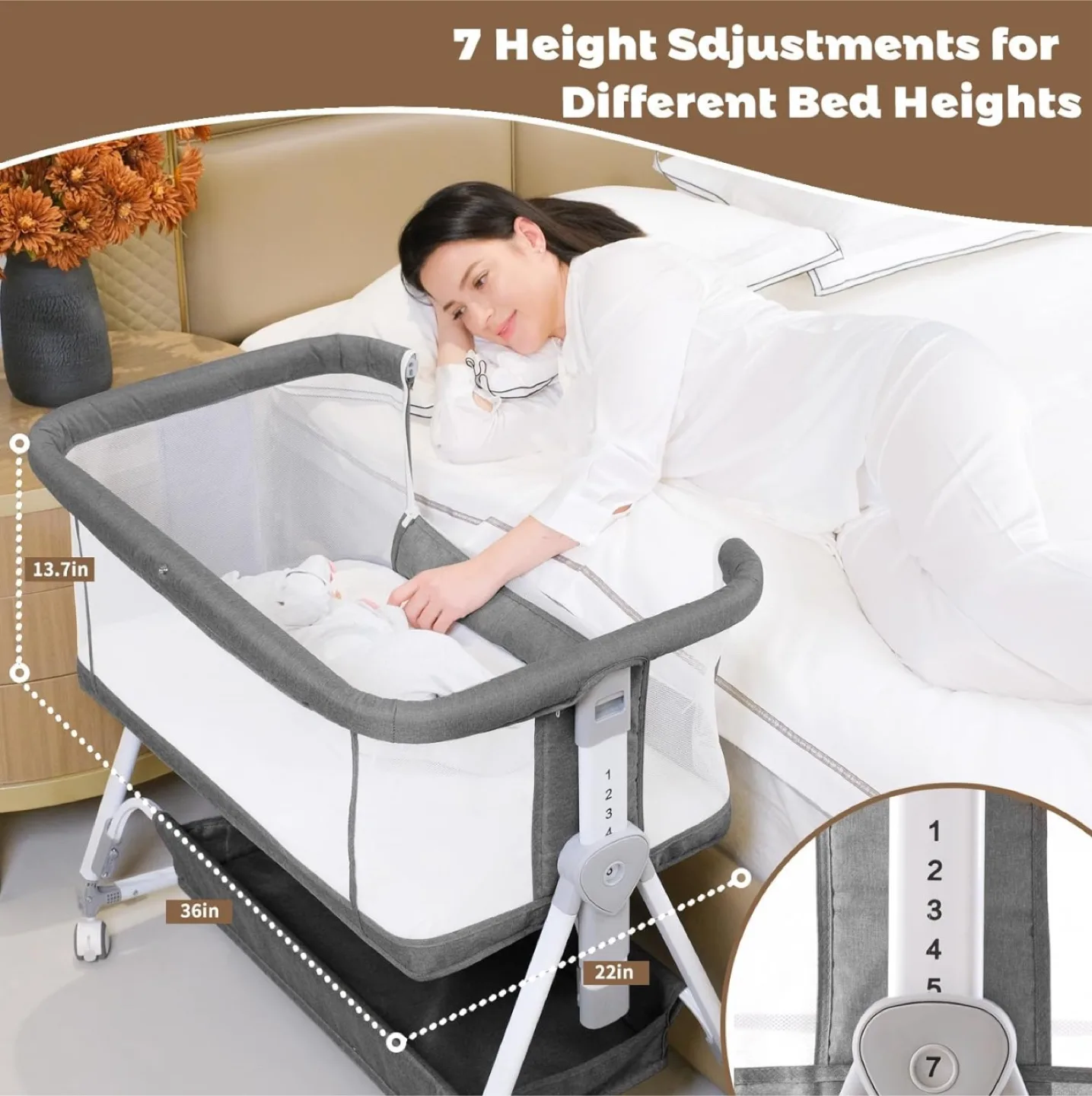 3 in 1 Baby Bassinets Bedside Sleeper, 7 Height Adjustable - NEW thumbnail