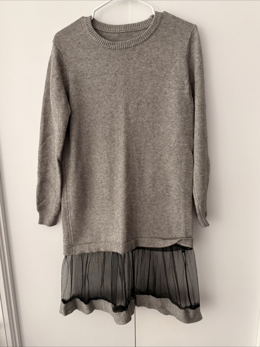 Grey sweater dress with tulle skirt