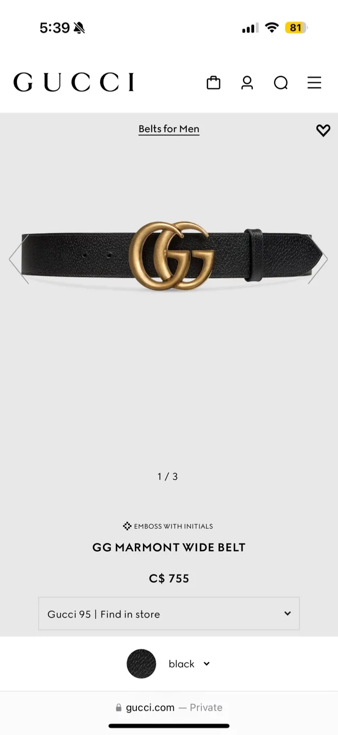Men Gucci GG Marmont Wide Belt size 95 Gold and Black thumbnail