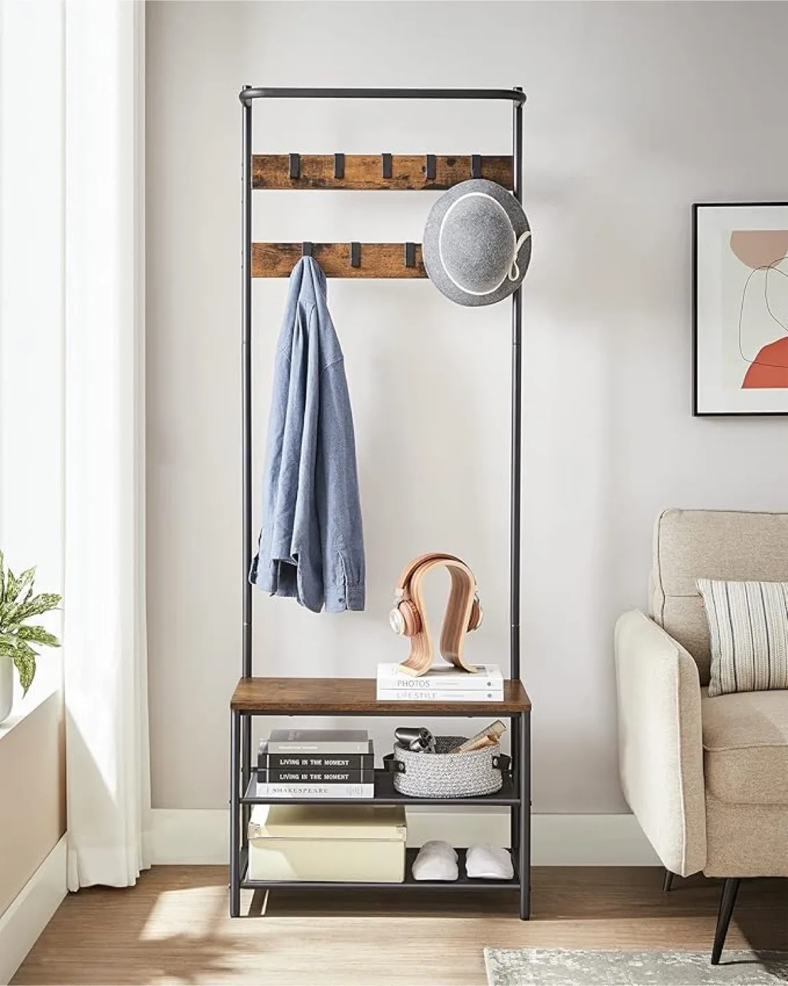 72" Hall Tree Organizer, BARNWOOD METAL & WOOD BENCH image indicator(2)