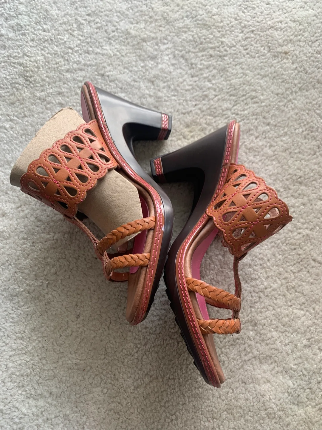 Brand New Tan Sandals With Pink Insoles thumbnail