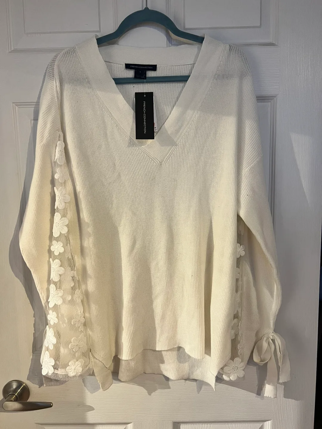 French Connection White Sweater with Floral Sleeves thumbnail