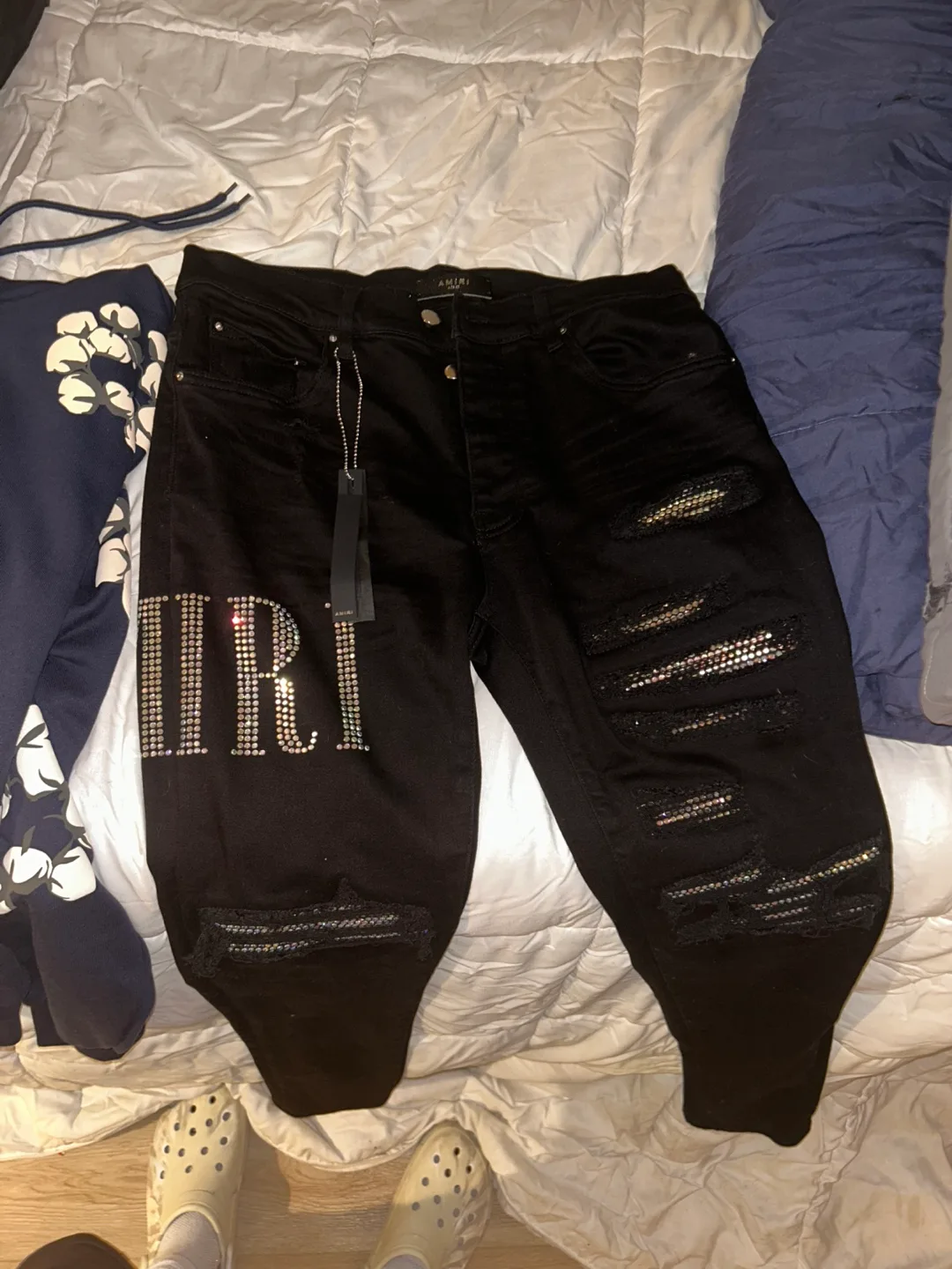 Amiri Black Rhinestone Embellished Denim Shorts thumbnail