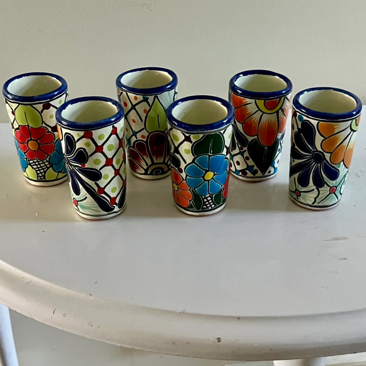 6 Handpainted Mexican pottery shot glasses thumbnail