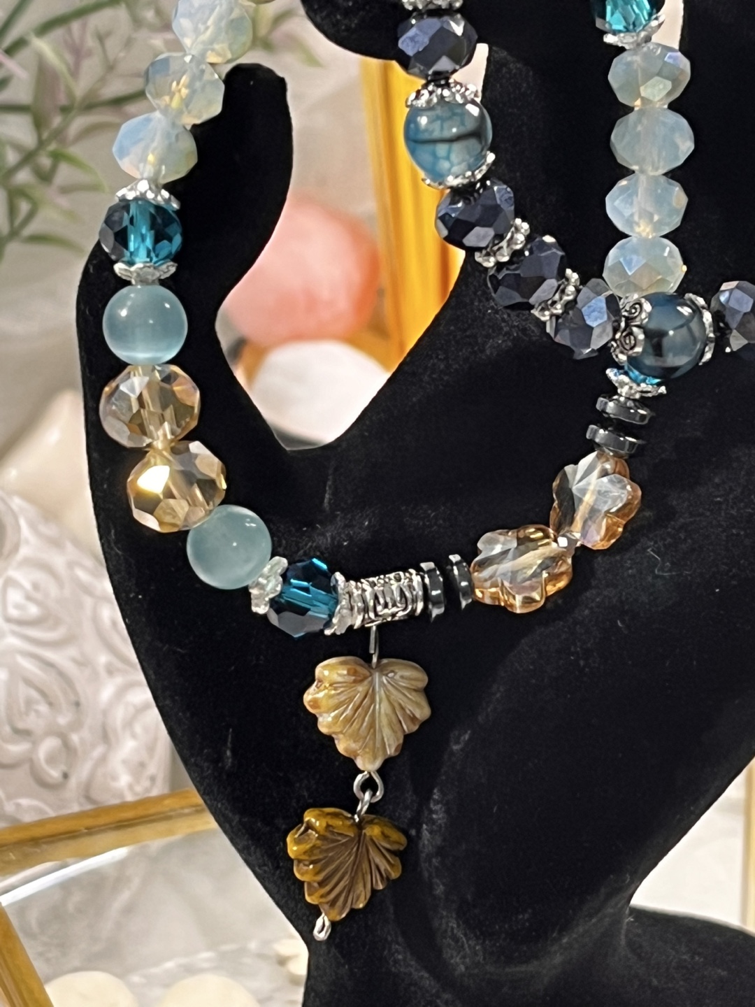 Deep Sea Blue on Leaves Beaded Bracelet Set (2 Pieces)